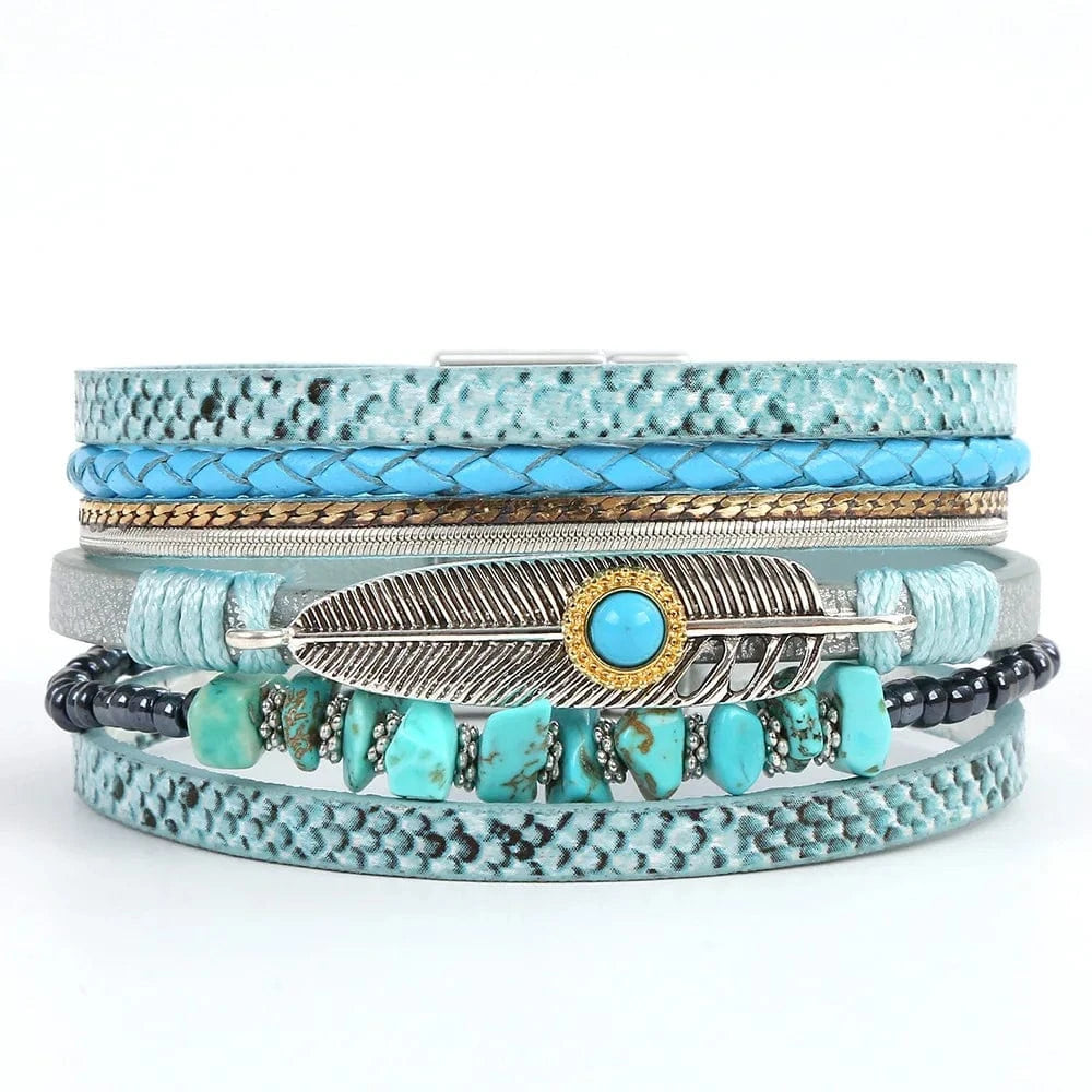 Bracelet cuir bohème plume turquoise femme Turquoise