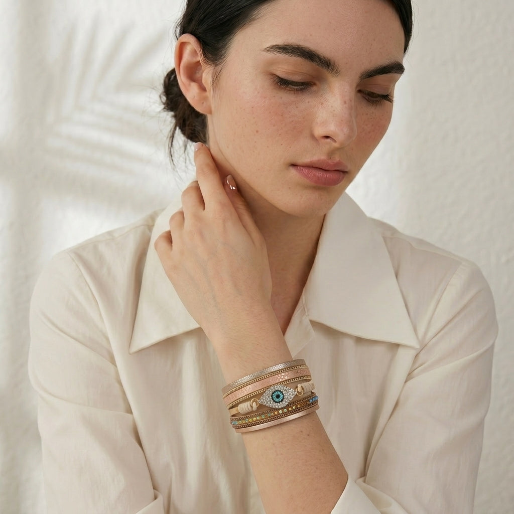 Bracelet cuir boho œil turc femme