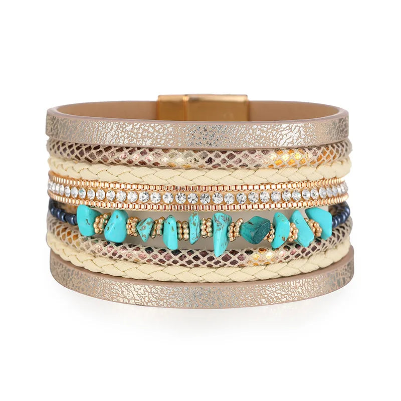 bracelet cuir et perles femme Beige