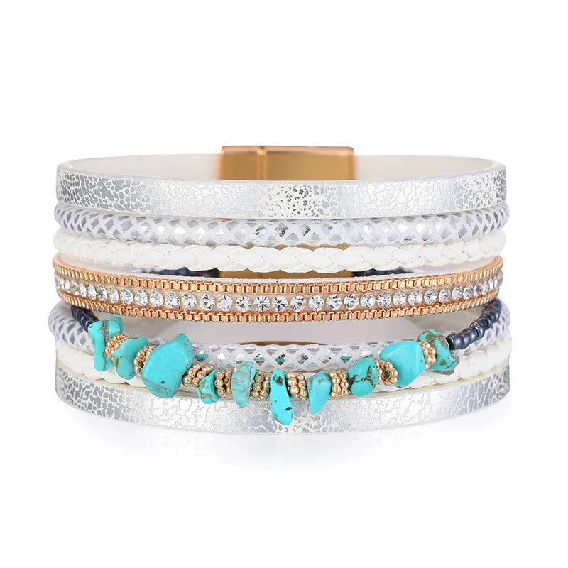 bracelet cuir et perles femme Blanc