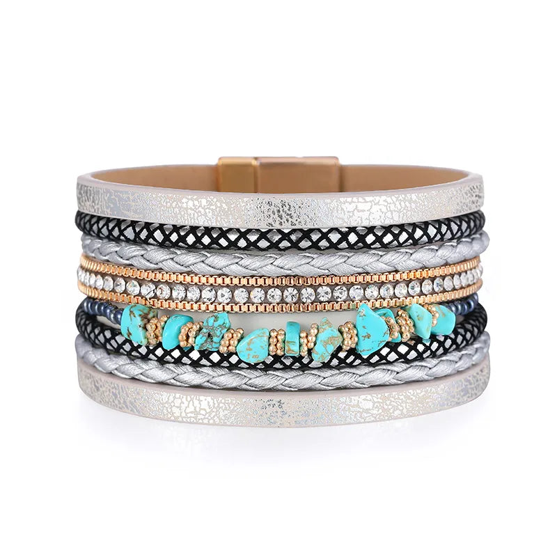 bracelet cuir et perles femme Gris