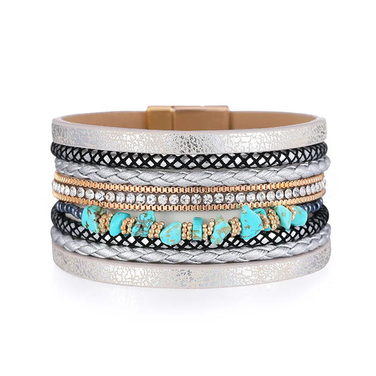 bracelet cuir et perles femme Gris
