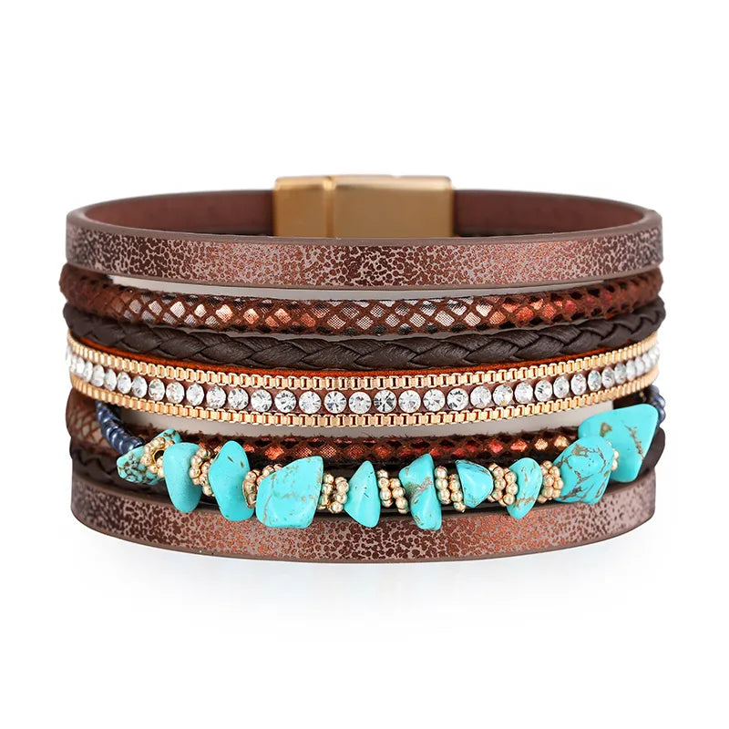 bracelet cuir et perles femme Marron