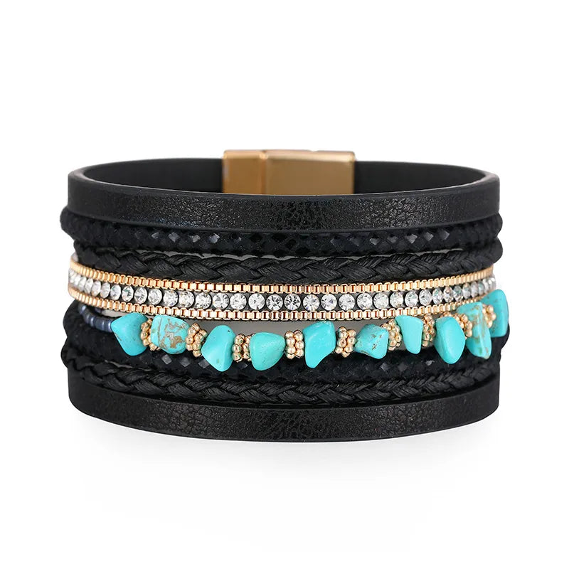 bracelet cuir et perles femme Noir