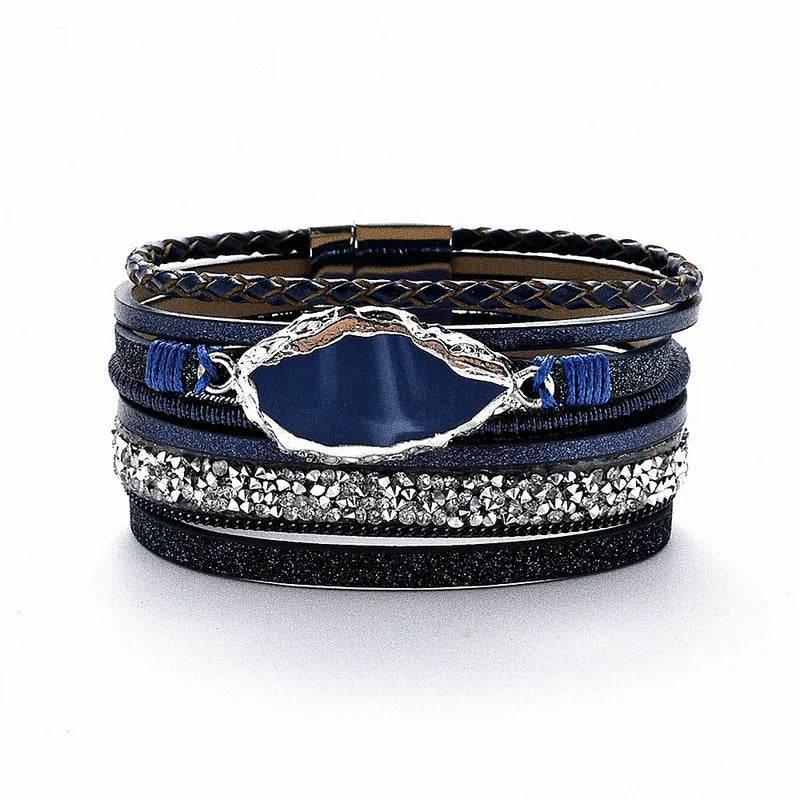 Bracelet Cuir et Strass Femme Bleu