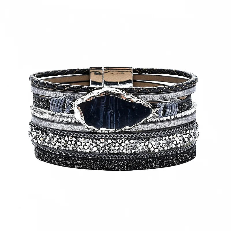 Bracelet Cuir et Strass Femme Gris