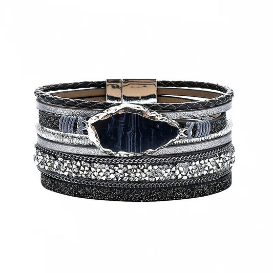 Bracelet Cuir et Strass Femme Gris