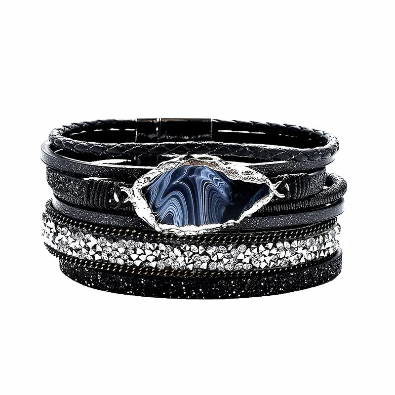 Bracelet Cuir et Strass Femme Noir
