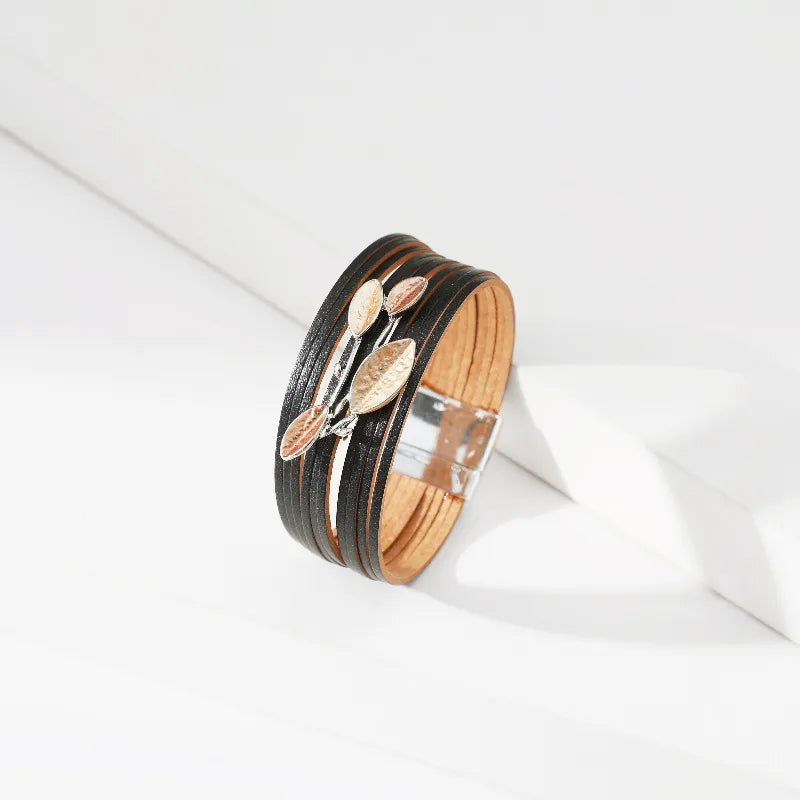 Bracelet cuir femme breloque feuille