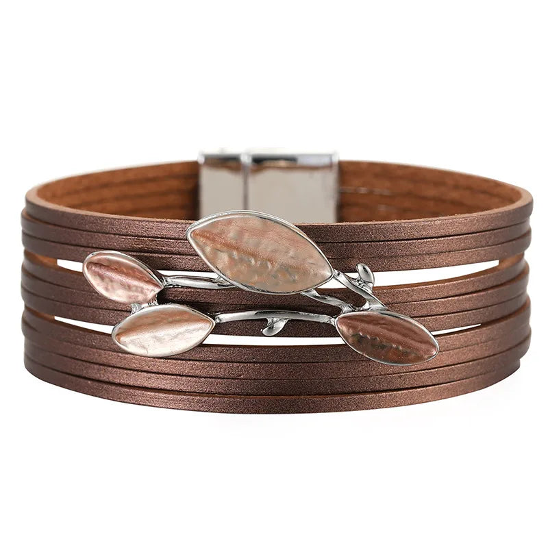 Bracelet cuir femme breloque feuille Marron