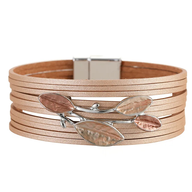 Bracelet cuir femme breloque feuille Rose