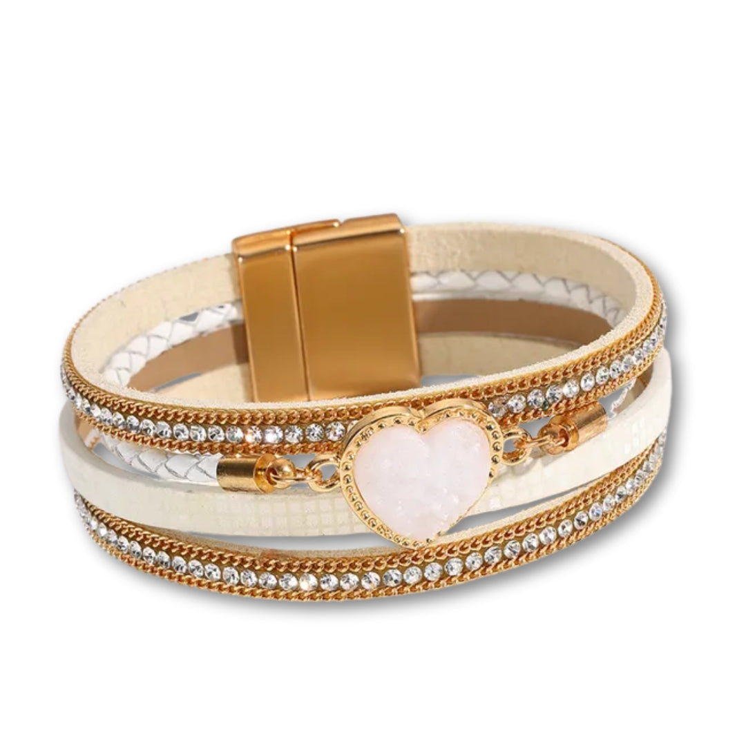 Bracelet Cuir Femme coeur crystal Blanc