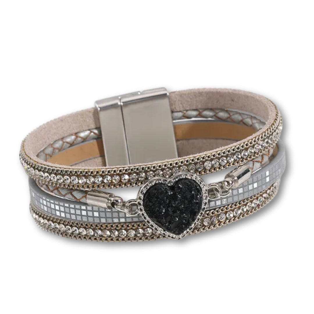 Bracelet Cuir Femme coeur crystal Gris