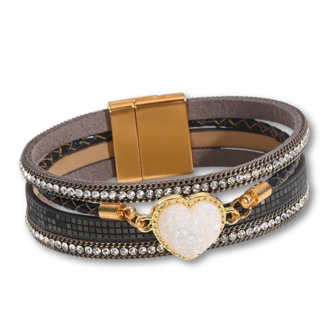 Bracelet Cuir Femme coeur crystal Gris Foncé