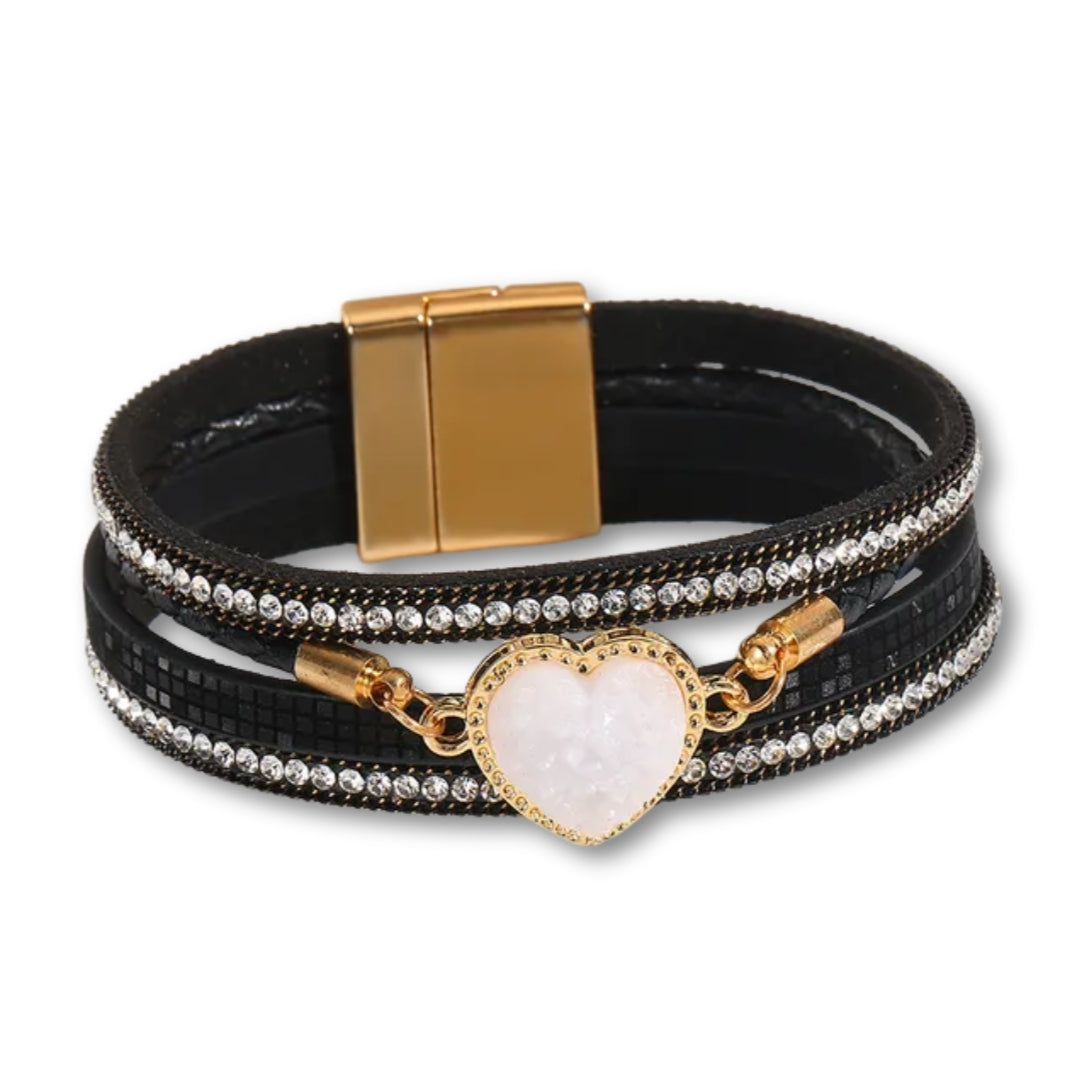 Bracelet Cuir Femme coeur crystal Noir