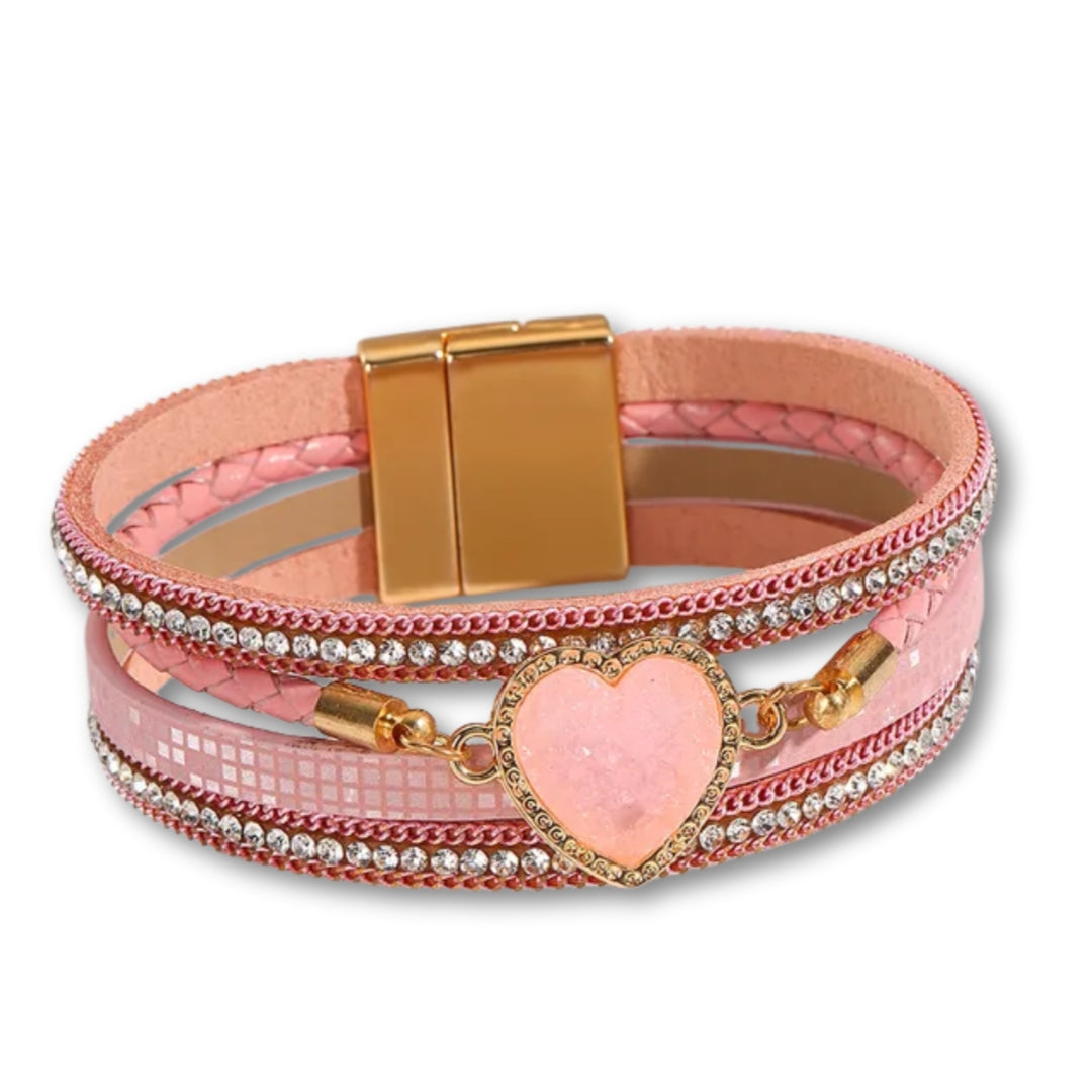 Bracelet Cuir Femme coeur crystal Rose