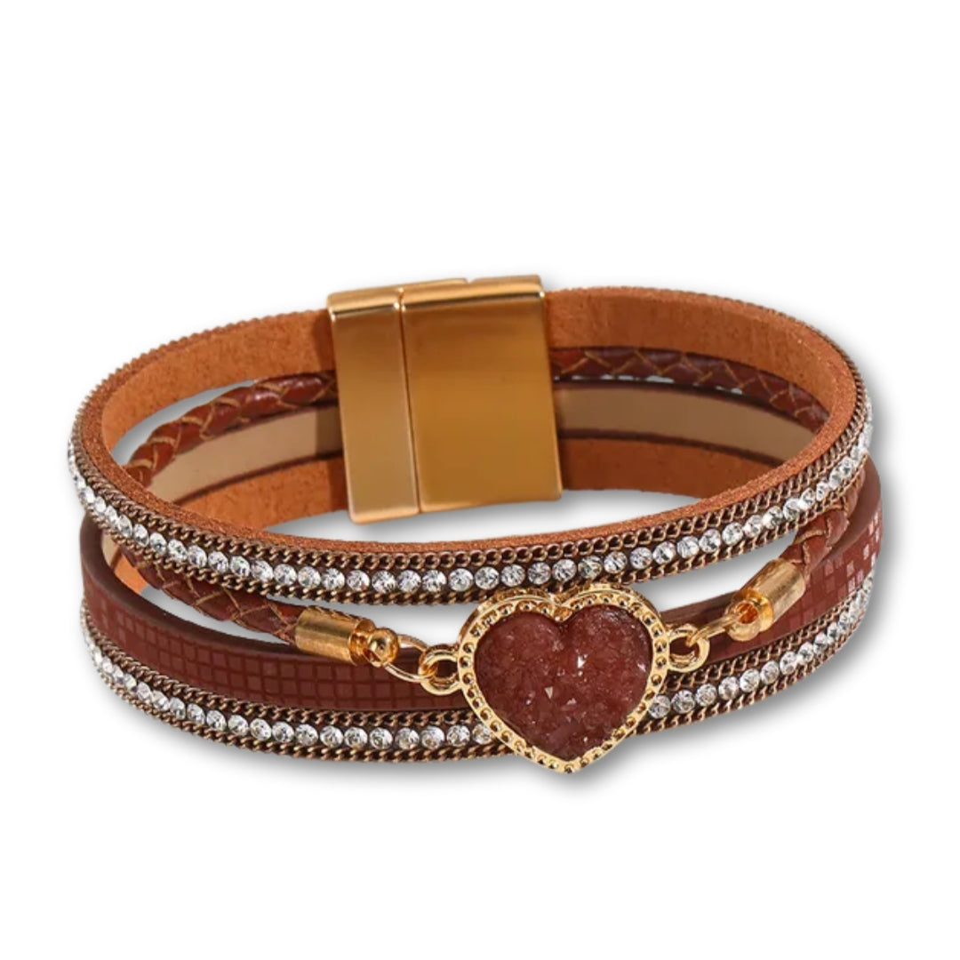 Bracelet Cuir Femme coeur crystal Rouge