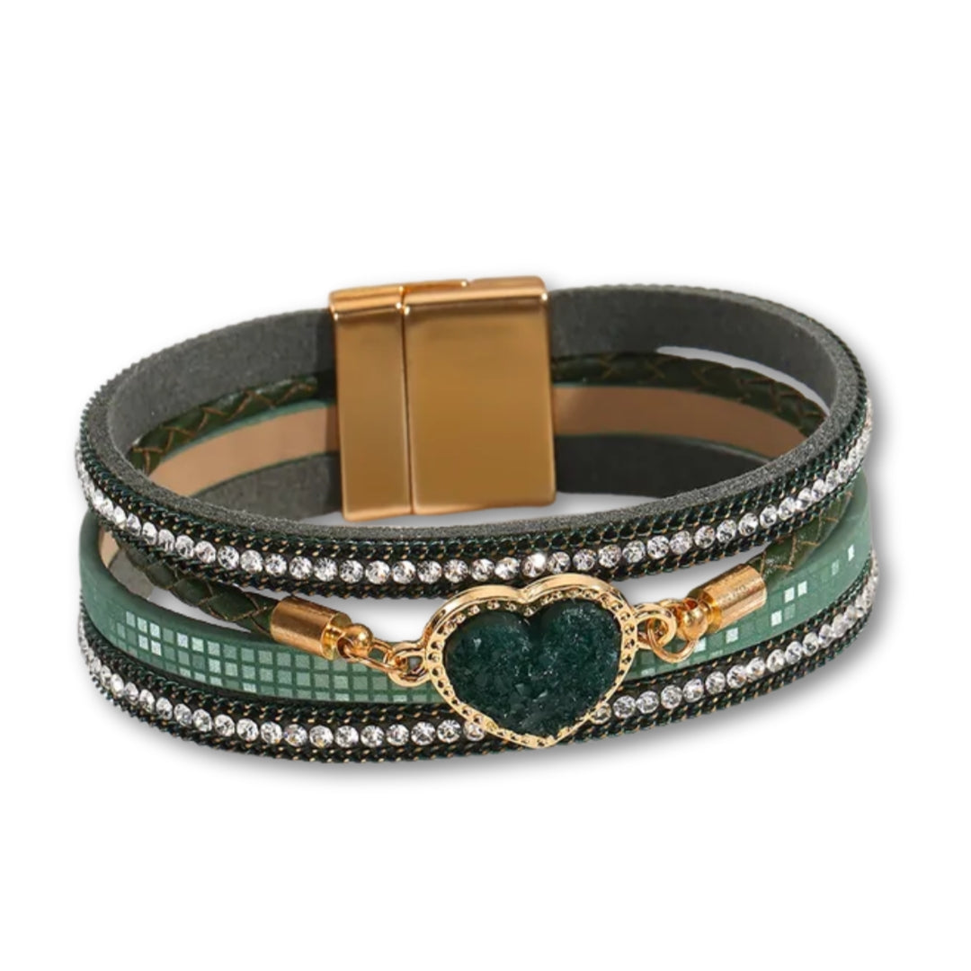Bracelet Cuir Femme coeur crystal Vert