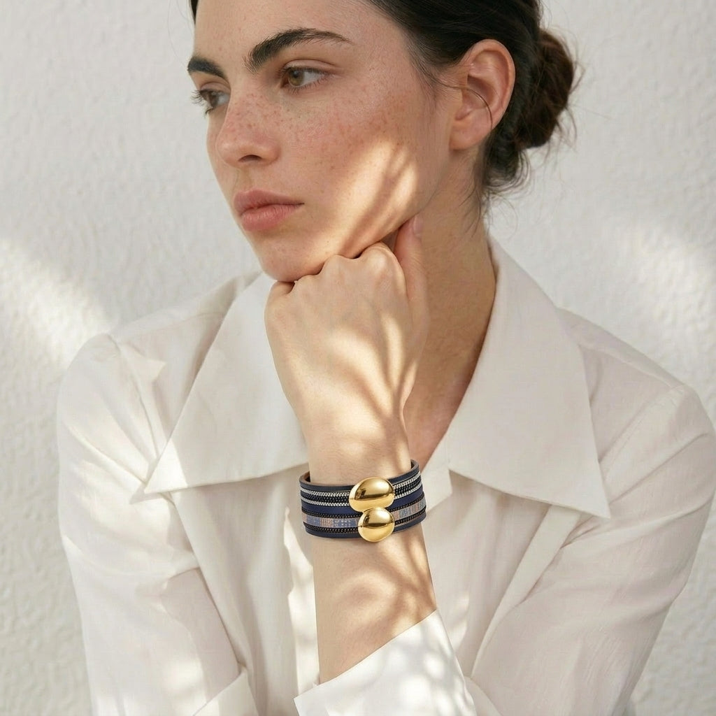Bracelet cuir femme doré forme abstraite | Wristart