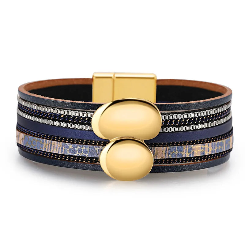 Bracelet cuir femme doré forme abstraite | Wristart Bleu Foncé