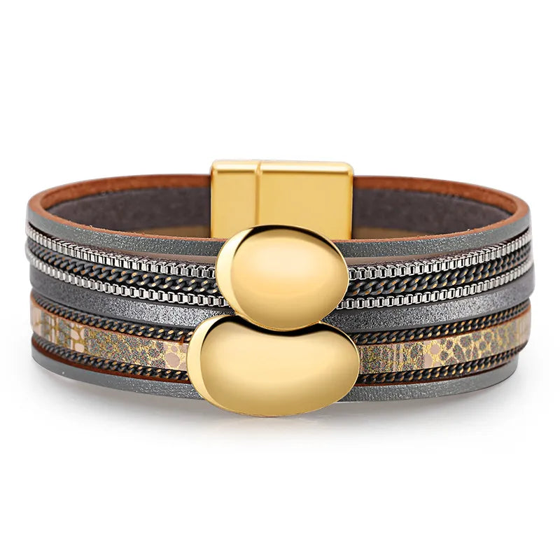 Bracelet cuir femme doré forme abstraite | Wristart Gris