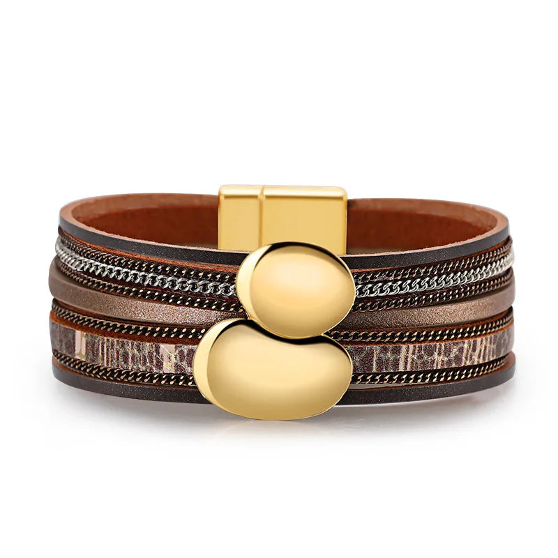 Bracelet cuir femme doré forme abstraite | Wristart Marron