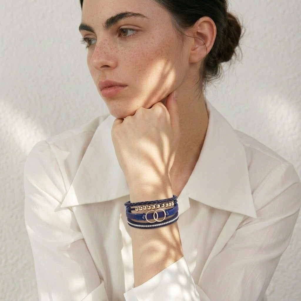 Bracelet cuir femme double anneau et perles