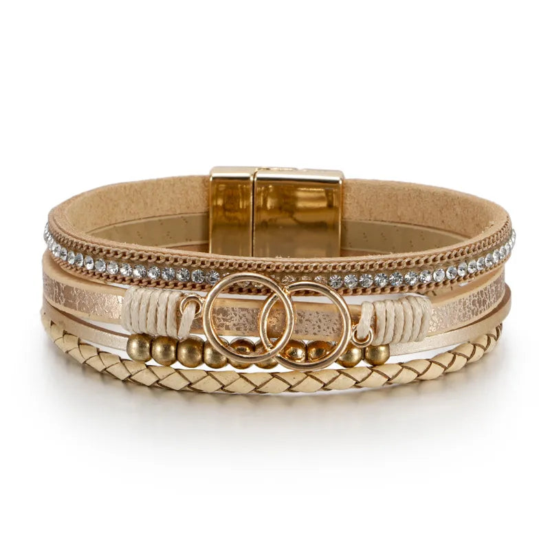 Bracelet cuir femme double anneau et perles Beige