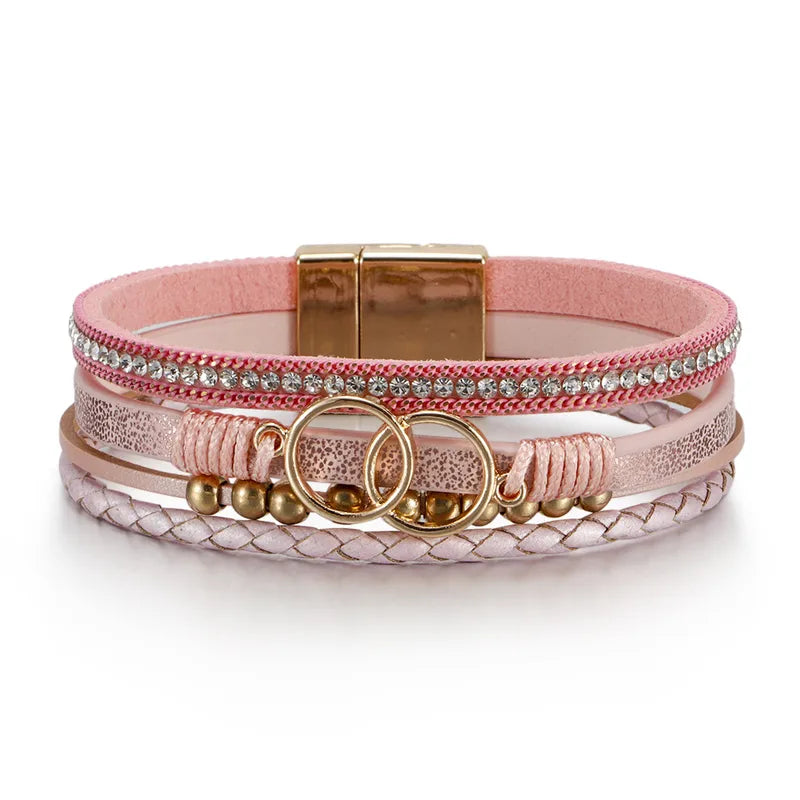 Bracelet cuir femme double anneau et perles Rose