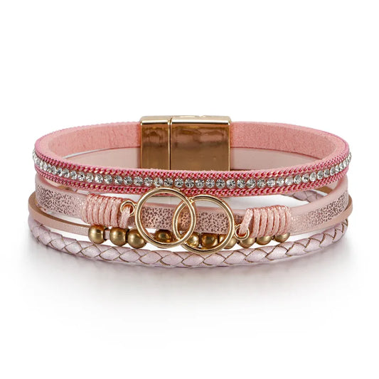 Bracelet cuir femme double anneau et perles Rose