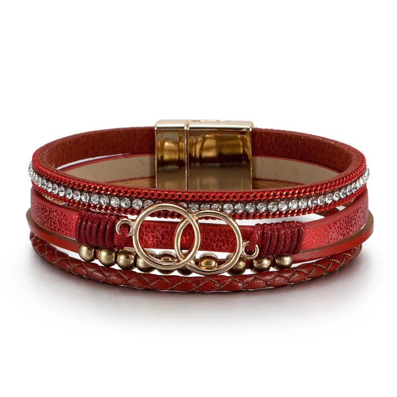 Bracelet cuir femme double anneau et perles Rouge