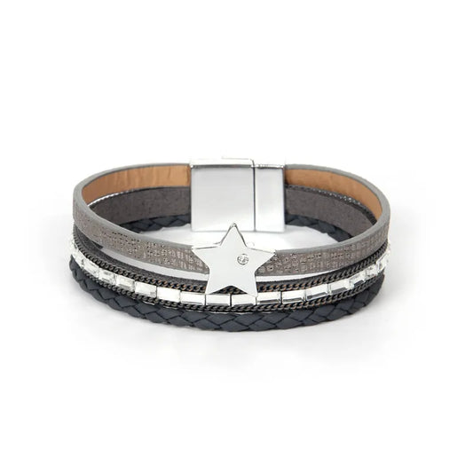 Bracelet Cuir Femme Etoile Gris