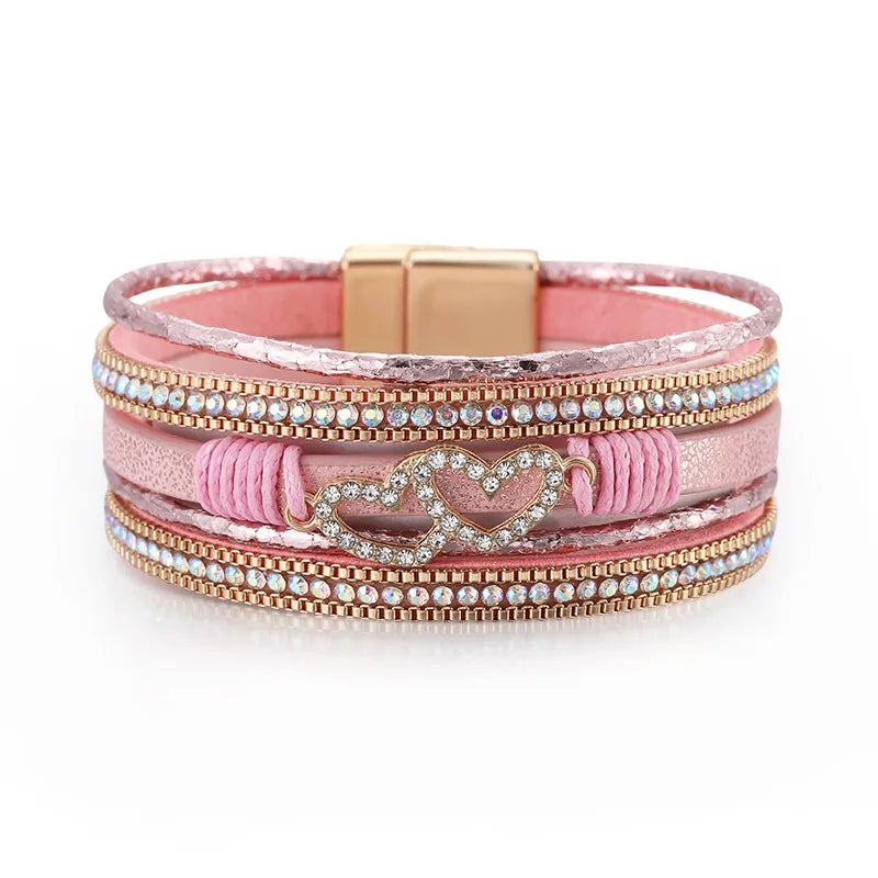 bracelet-cuir-femme-manchette-strass-éclatant Rose