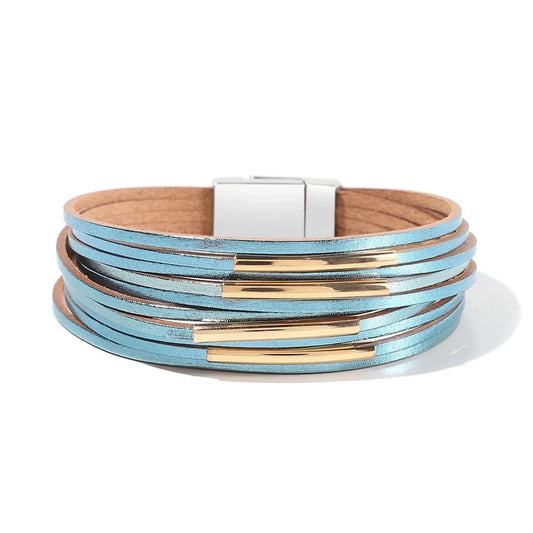 Bracelet Cuir Femme Métallique Élégant Bleu