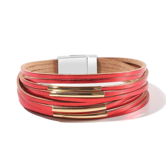 Bracelet Cuir Femme Métallique Élégant Rouge