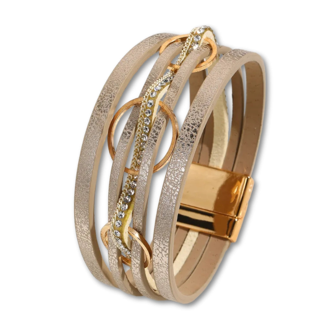 Bracelet cuir femme multi rangs chic avec strass Beige
