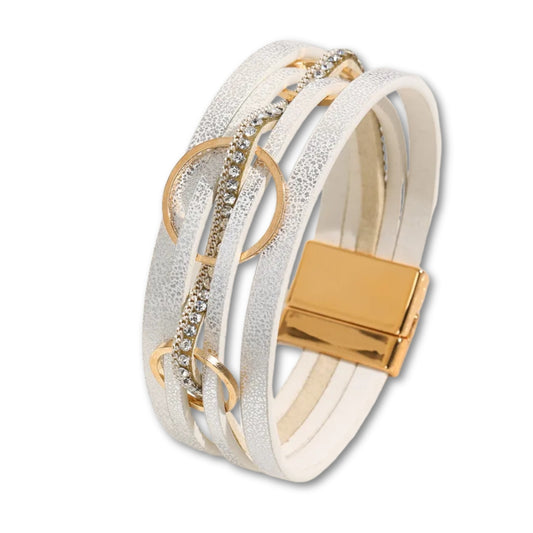 Bracelet cuir femme multi rangs chic avec strass Blanc