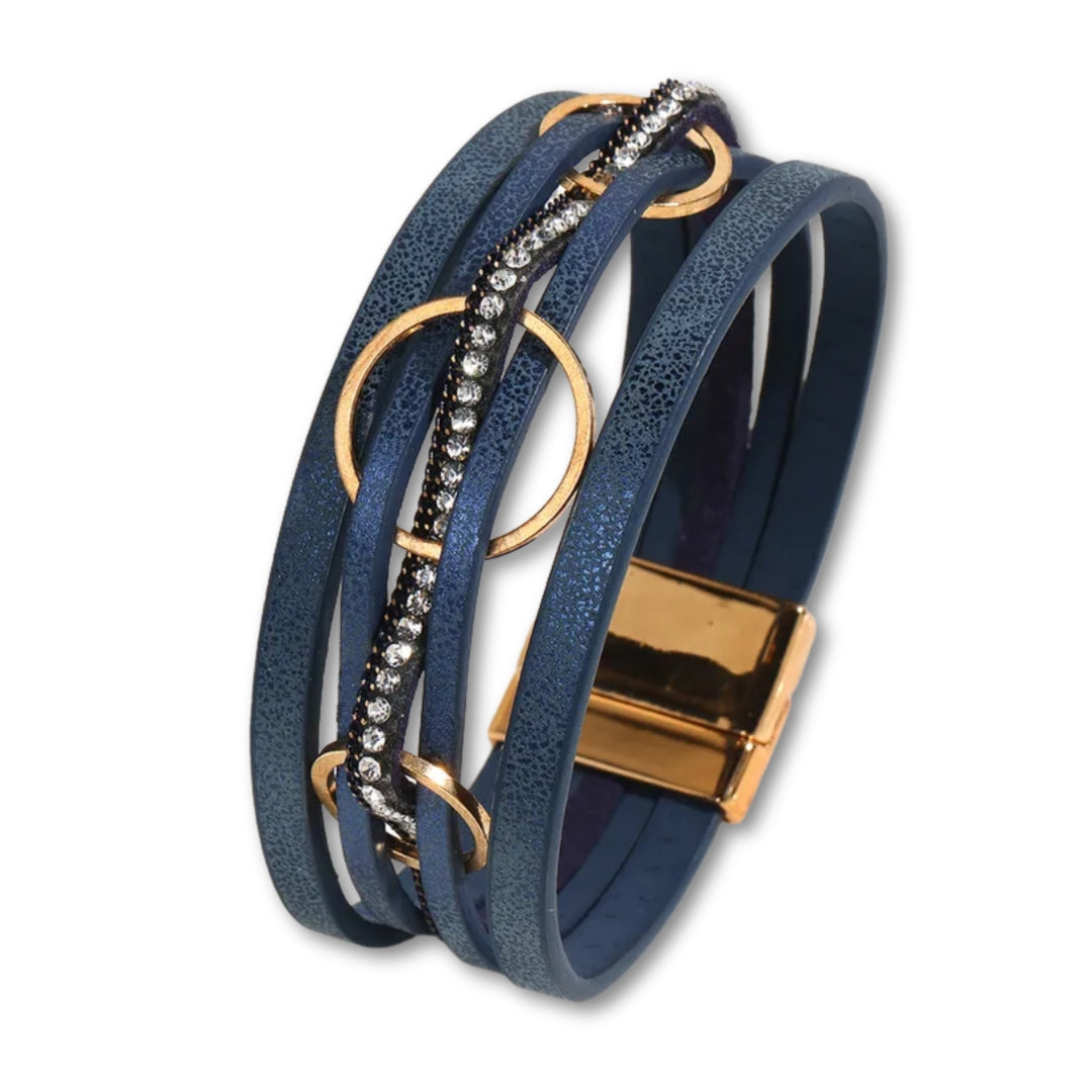 Bracelet cuir femme multi rangs chic avec strass Bleu