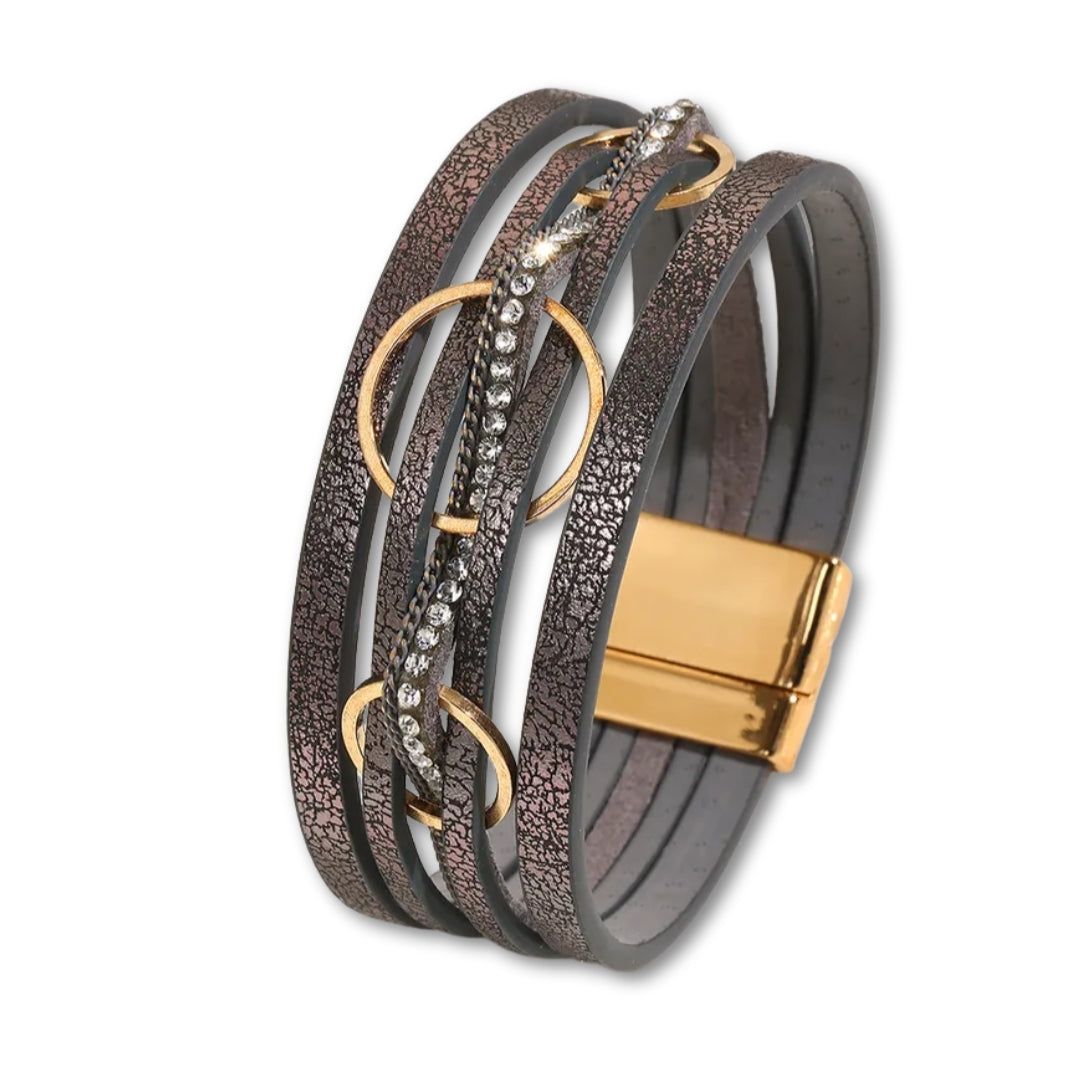 Bracelet cuir femme multi rangs chic avec strass Gris Foncé