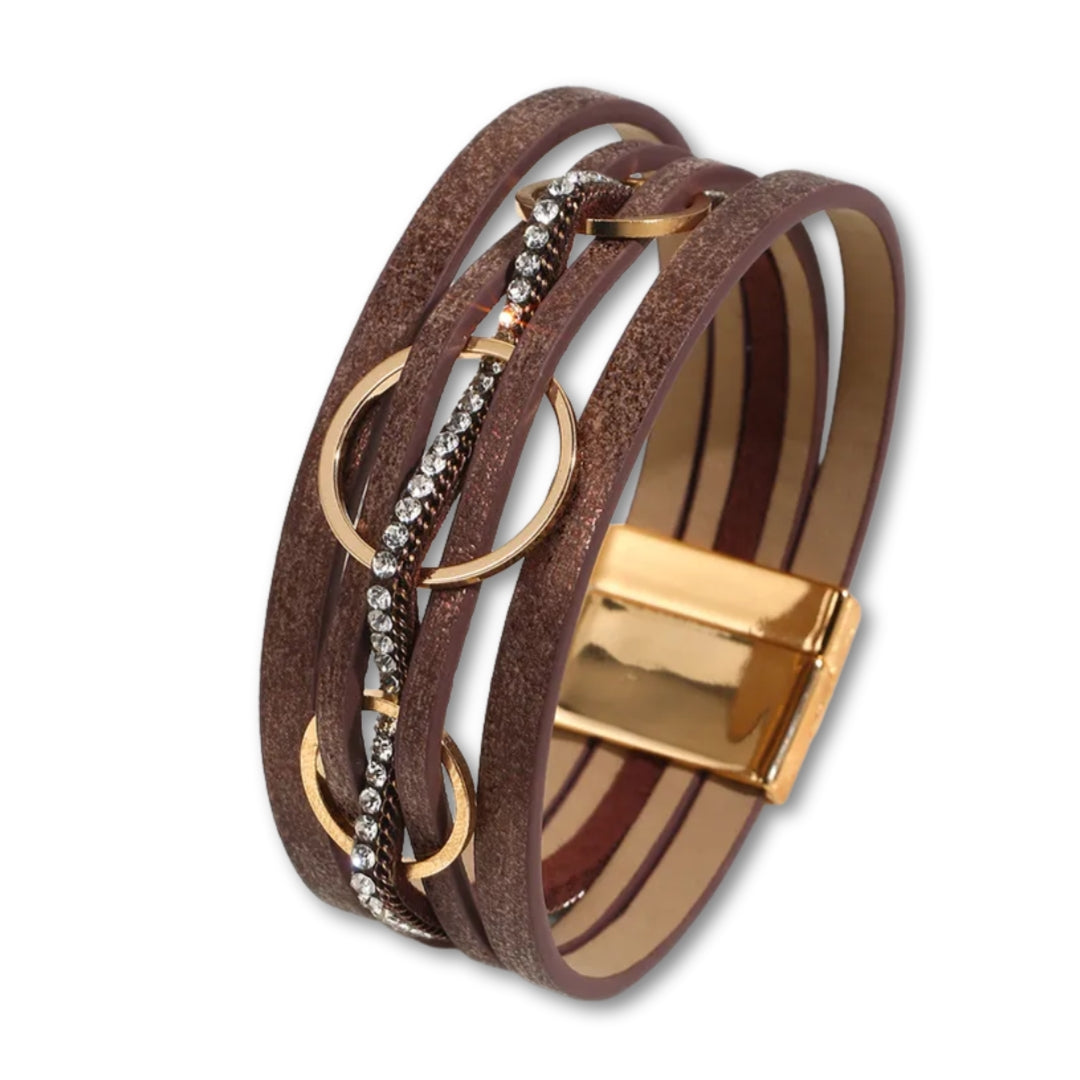 Bracelet cuir femme multi rangs chic avec strass Marron
