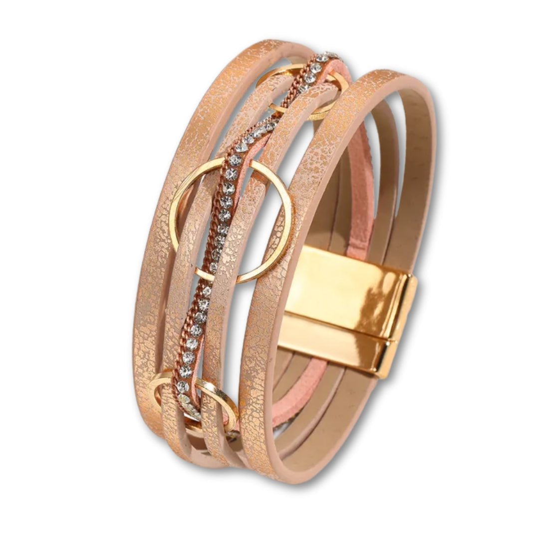 Bracelet cuir femme multi rangs chic avec strass Rose