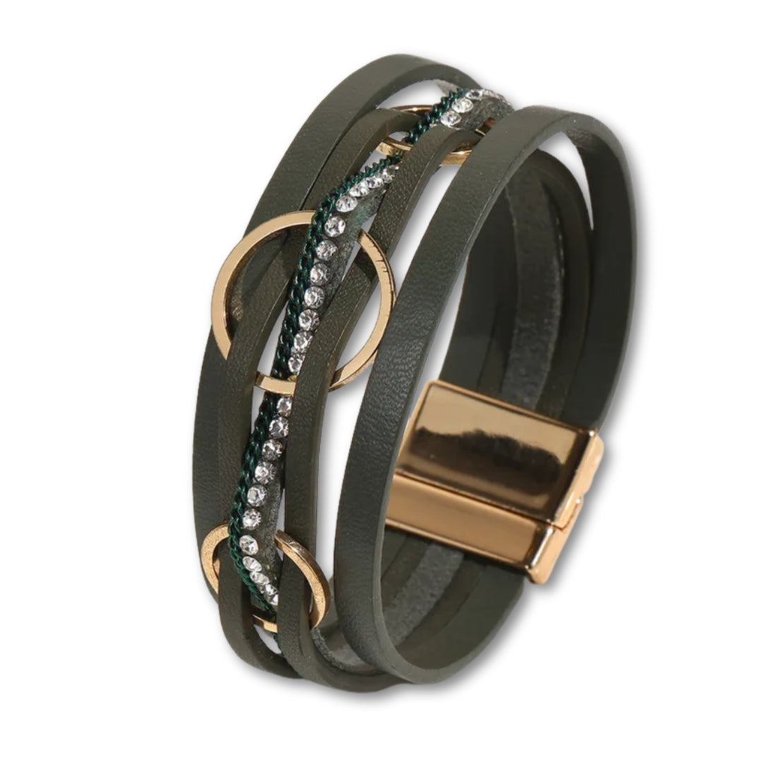 Bracelet cuir femme multi rangs chic avec strass Vert
