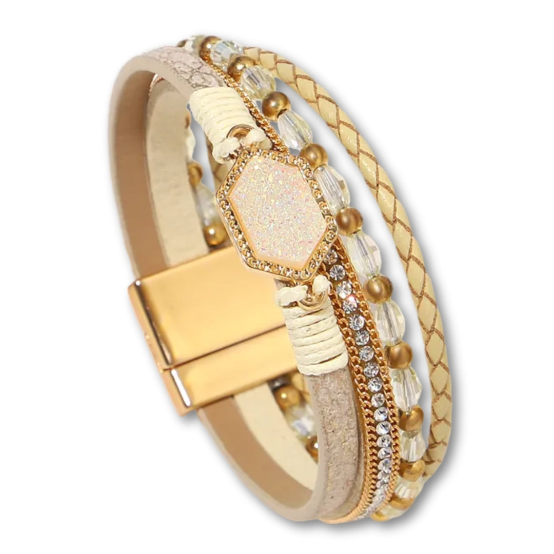 Bracelet Cuir Femme Multirang Beige