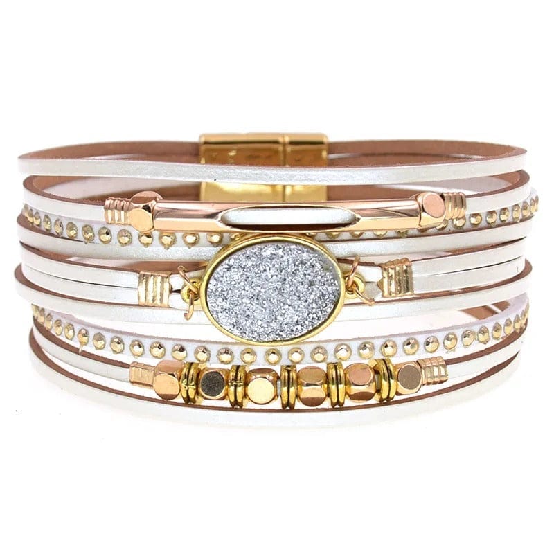 Bracelet Cuir Femme Multirang Blanc / 17cm