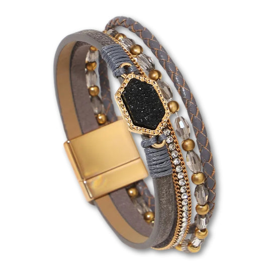 Bracelet Cuir Femme Multirang Gris