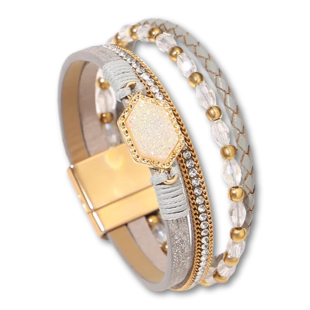 Bracelet Cuir Femme Multirang Gris Clair