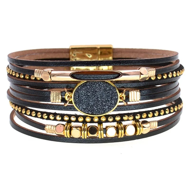 Bracelet Cuir Femme Multirang Noir / 17cm