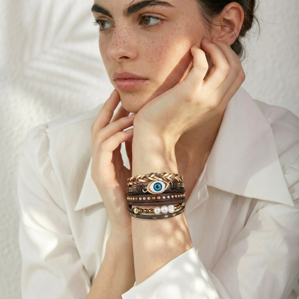 Bracelet cuir femme multirang œil bleu bohème