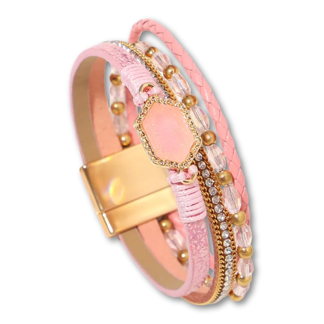 Bracelet Cuir Femme Multirang Rose