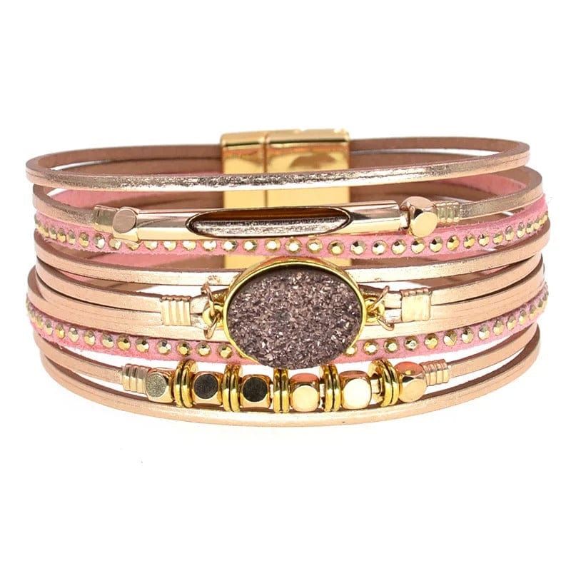 Bracelet Cuir Femme Multirang Rose / 17cm